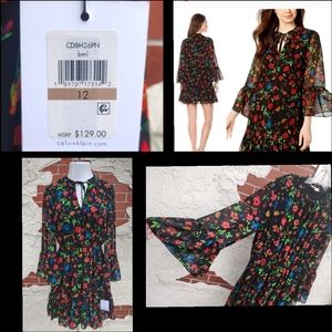New $129 women CALVIN KLEIN long sheer bell sleeve short black floral dress 12